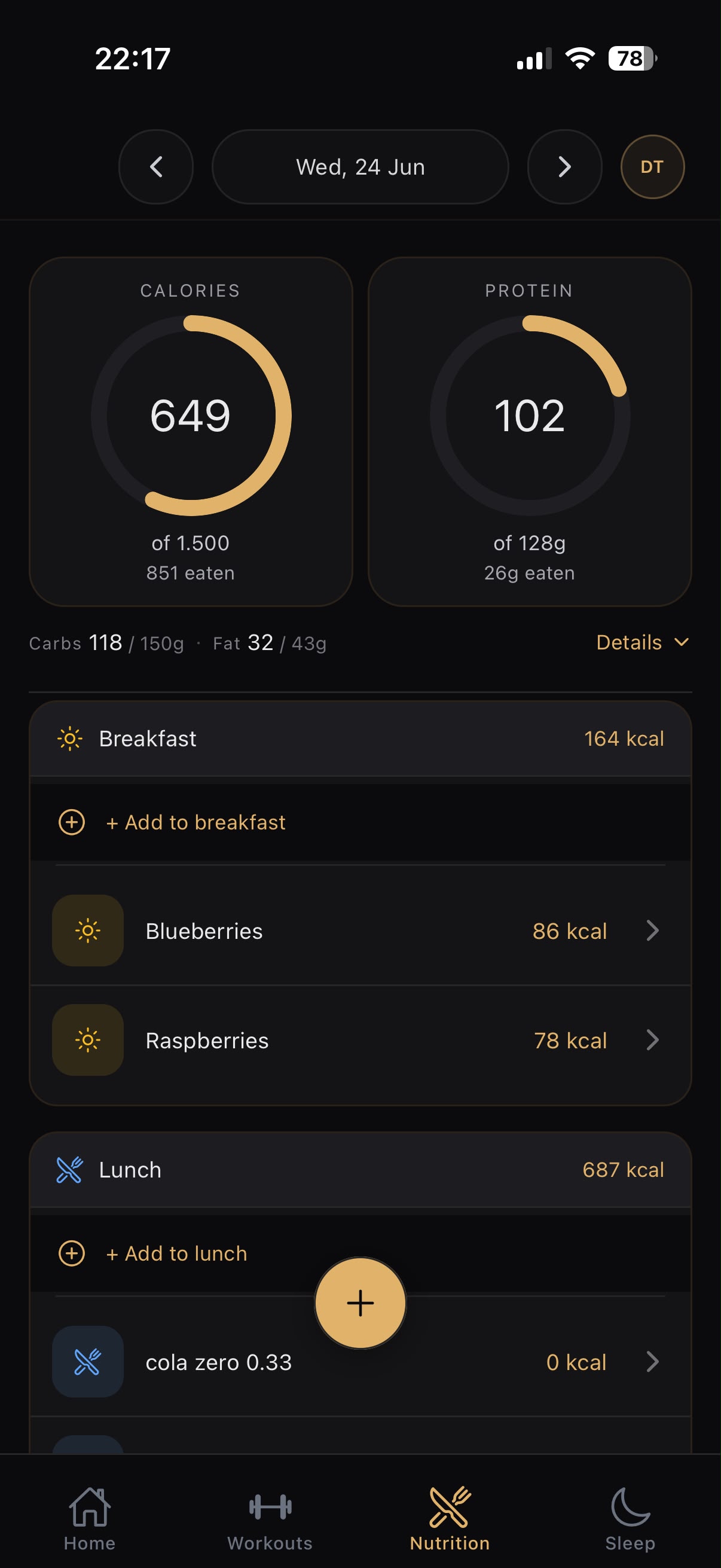 Vantage nutrition screen showing calories and protein
