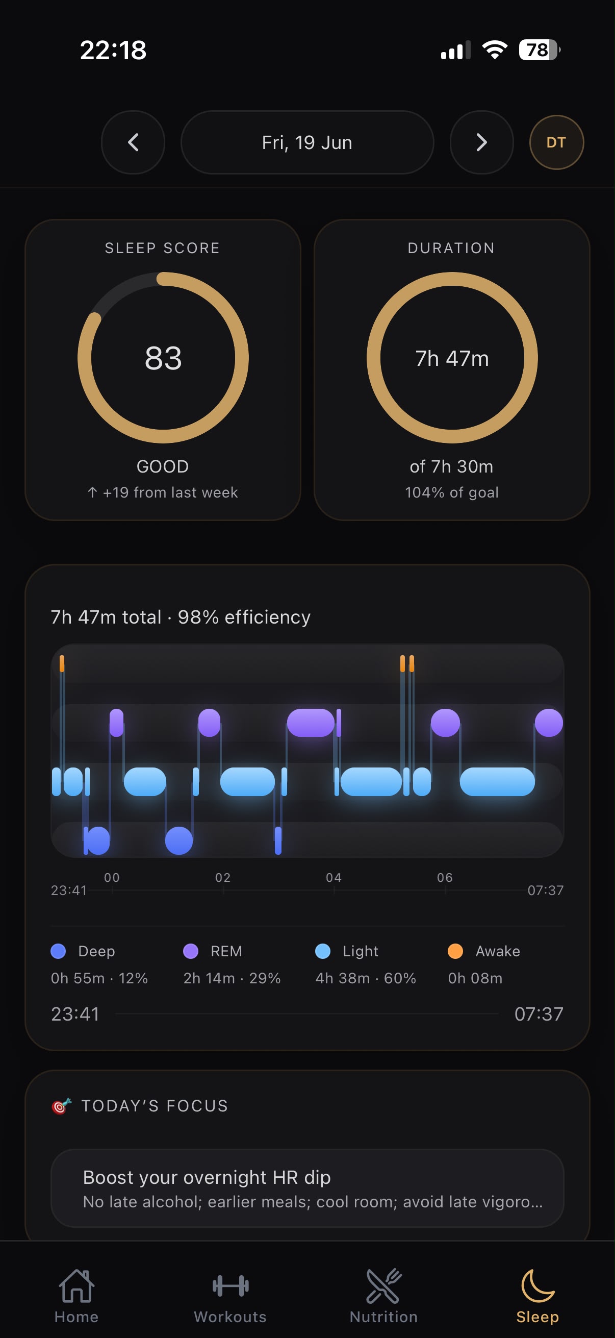 Vantage sleep screen showing sleep score and duration