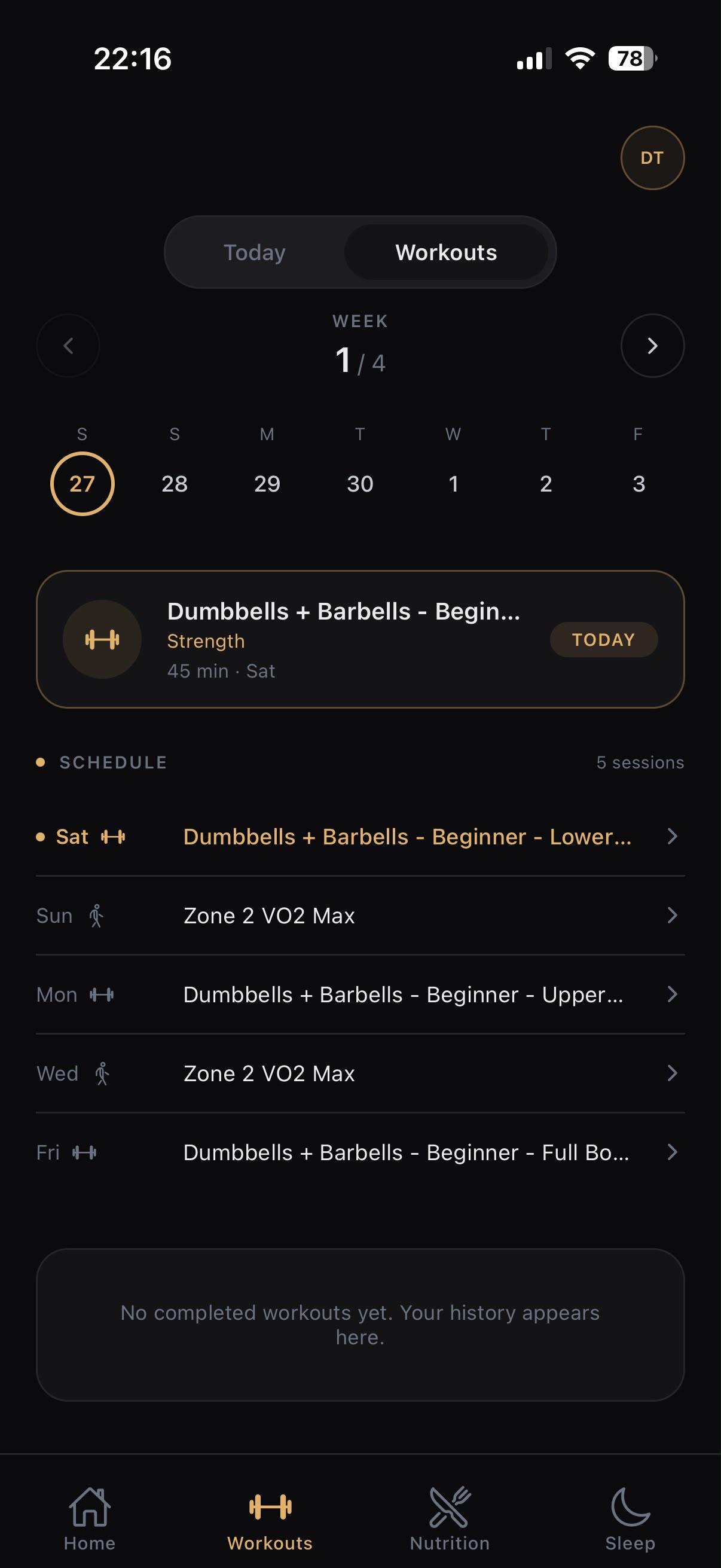 Vantage workouts screen
